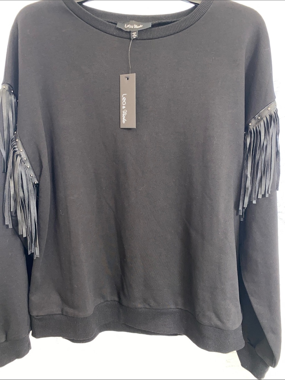 Lea & Viola Black Fringe Sleeve Crewneck Sweater